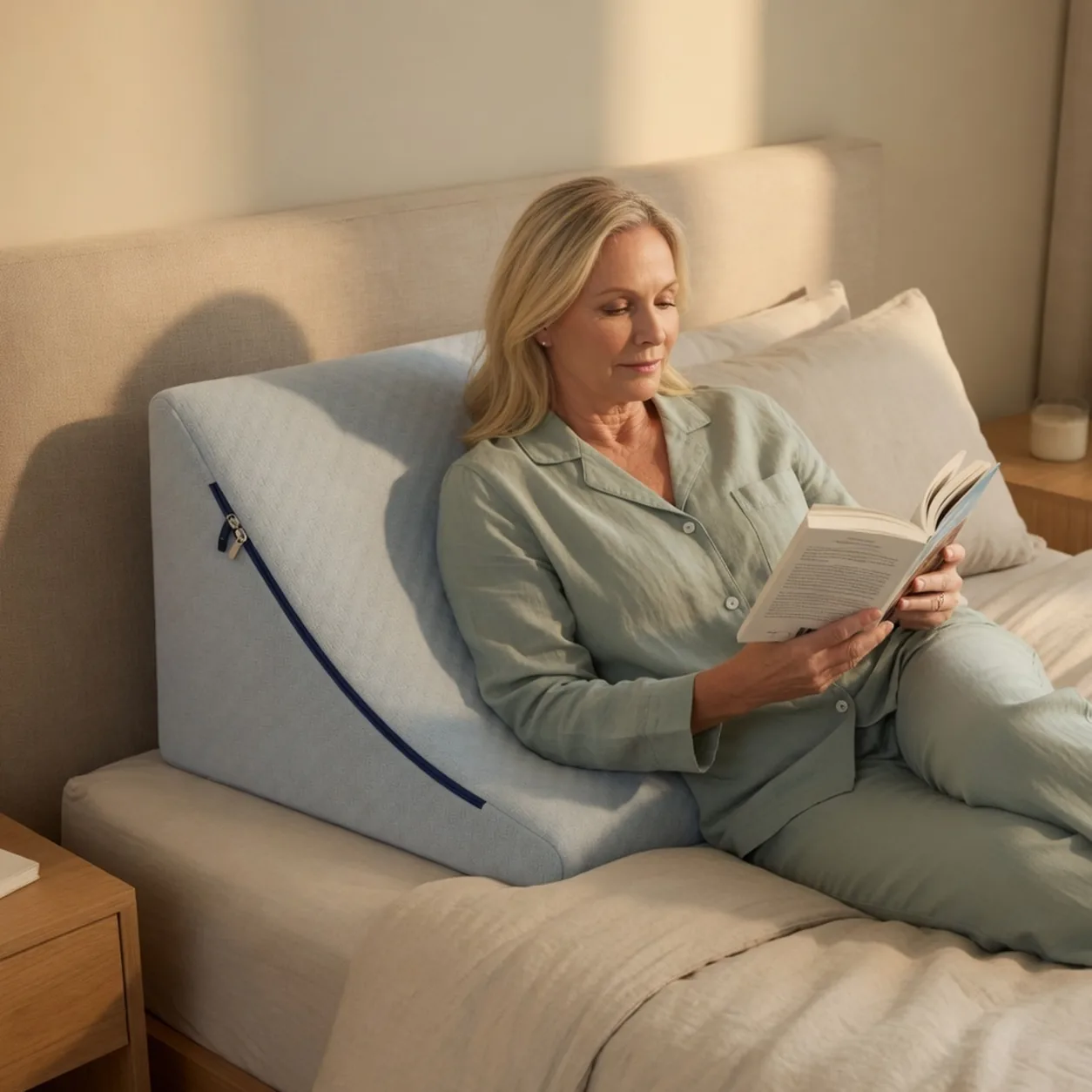 Reading in bed against CoveWedge as a backrest