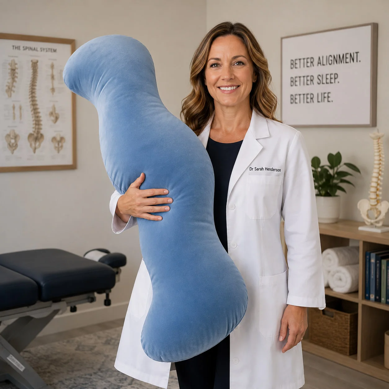 Dr Sarah Henderson, chiropractor, holding the CoveCurve Body Align Pillow